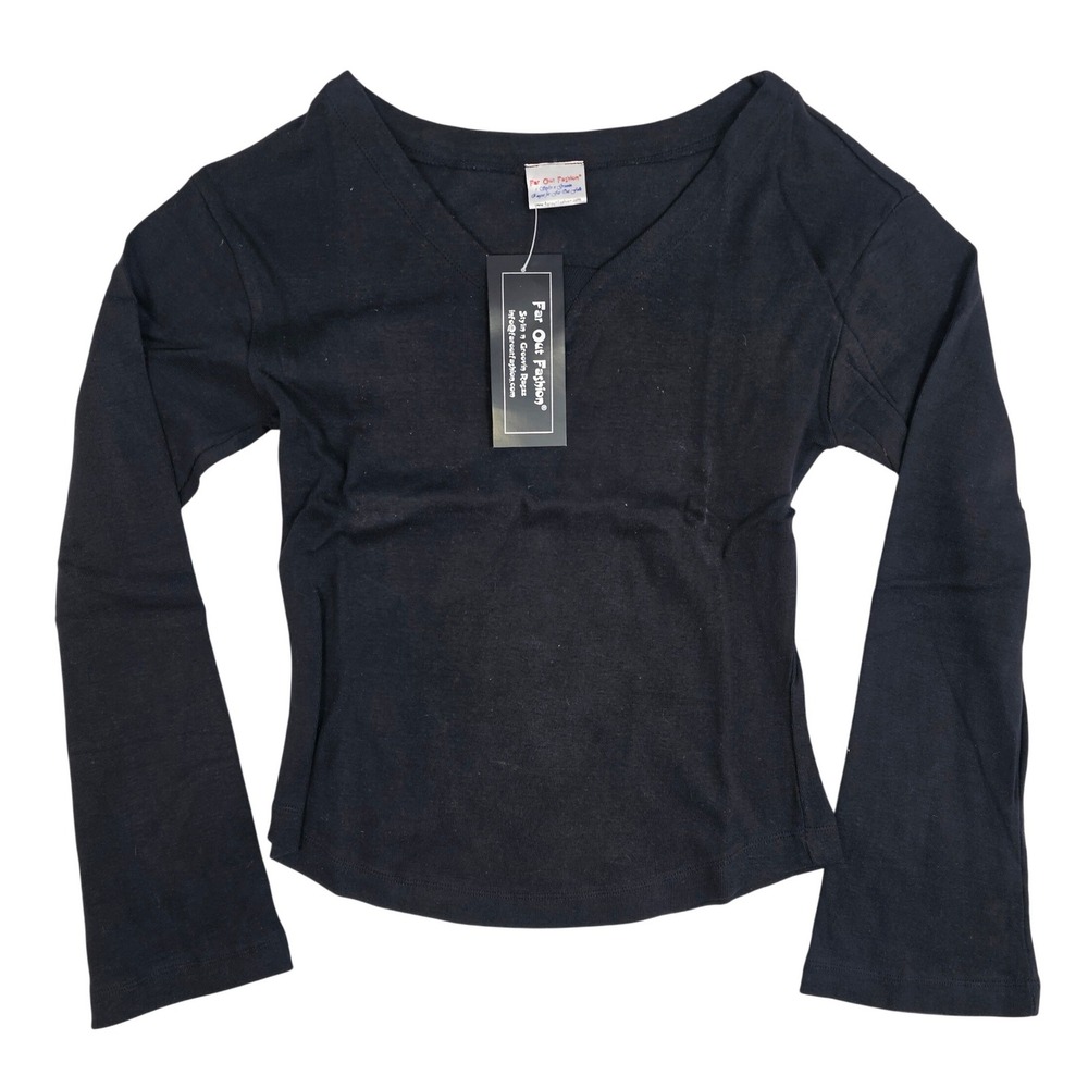 Far Out Fashion Womens Black Ribbed V-Neck Long Sleeve Top 100% Cotton Large NWT